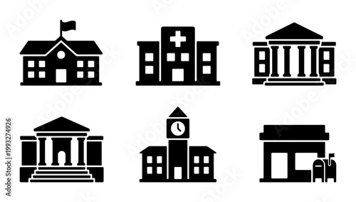 Public building icon set with 6 black vector symbols. Government and municipal architecture icons including hospital, school, and courthouse for city maps.