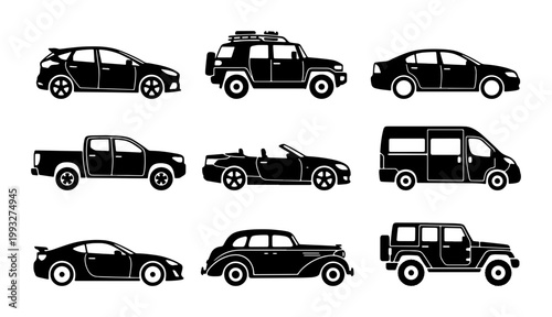 Black car silhouette icons set, automotive vehicle side view collection, 9 transport vector symbols including sedan, suv, truck and van for web design
