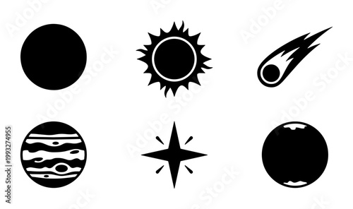 Minimalist celestial space icons set, black silhouette planet and star symbols, 6 vector astronomical elements for science and education design