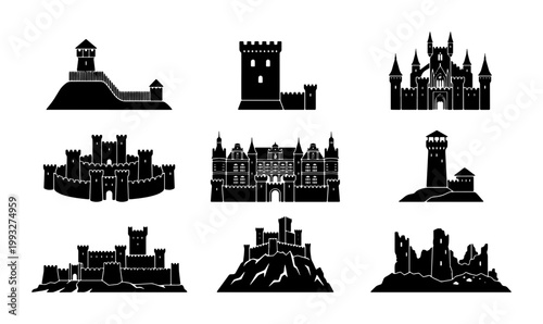 Medieval castle silhouette icons, set of 9 ancient fortress and palace vector illustrations, black stone citadel and royal chateau symbols