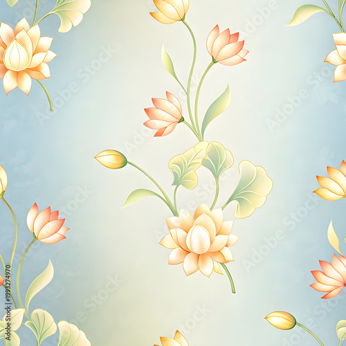 A seamless pattern with pichwai style lotus arranged in a tile-style repeat on a turquoise background. It can be used for printing on various surfaces like textiles and paper or digital work as well. 