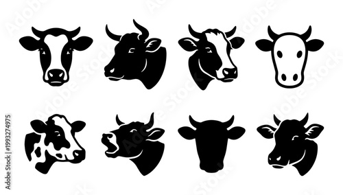Cow head silhouette vector set, 8 black and white cattle icons, dairy farm livestock portraits, rustic bull and heifer logo elements for organic milk branding