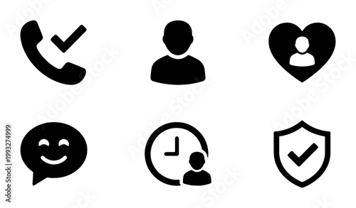 Minimalist customer service icon set, black solid interface symbols, 6 vector elements for user support and communication apps