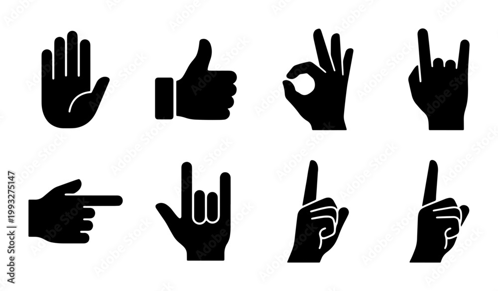 Obraz premium Black hand gesture icons set, 8 human hand silhouette symbols, thumbs up and pointing finger vector graphics, communication sign language collection