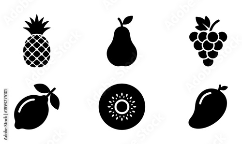 Minimalist black fruit icon set, collection of 6 flat vector fruit symbols, pineapple pear grape lemon kiwi and mango silhouettes for grocery apps