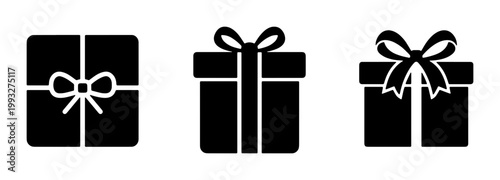 Minimalist gift box icons set, black silhouette present symbols with ribbons and bows, flat vector collection for holiday shopping and celebrations