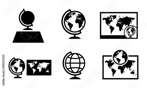 World globe and map icon set, black earth sphere vector collection, 6 geography and travel navigation symbols for education and logistics