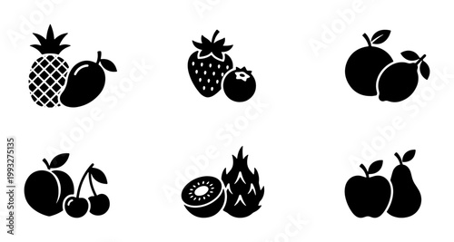Minimalist black fruit icon set, collection of 6 flat vector fruit symbols, modern organic food silhouettes for grocery and menu design