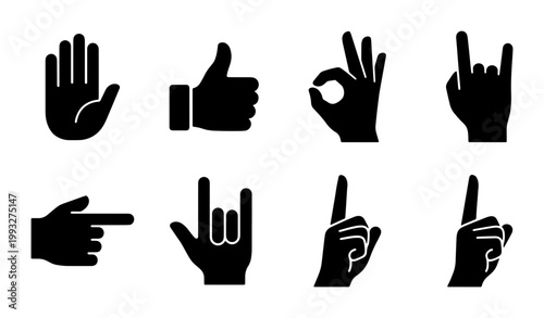 Black hand gesture icons set, 8 human hand silhouette symbols, thumbs up and pointing finger vector graphics, communication sign language collection