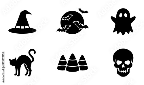 Halloween silhouette icons set, spooky black holiday symbols including ghost and skull, 6 vector elements for party invitations and seasonal decor