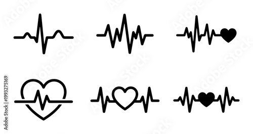 Medical heartbeat line icons set, black EKG electrocardiogram pulse wave symbols, 6 vector heart rate monitor graphics for healthcare apps