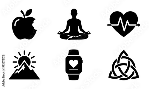 Health and wellness icon set, black silhouette fitness symbols, 6 vector elements for yoga and nutrition, holistic lifestyle graphics