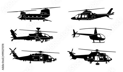 Military and civilian helicopter silhouettes, set of 6 aircraft vector icons, black aviation transport symbols for logistics and defense designs