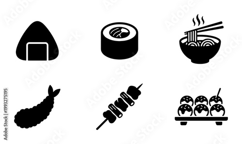 Japanese food icon set, black silhouette sushi and ramen vector elements, traditional asian cuisine symbols for restaurant menu design