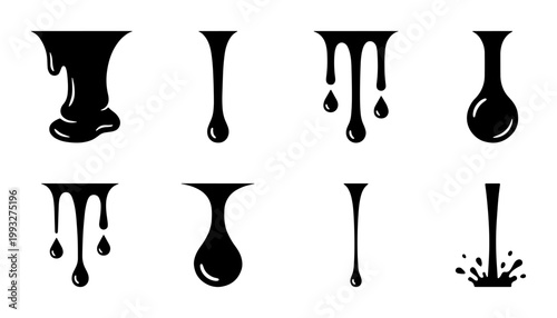 Black dripping liquid silhouettes, set of 8 oil and paint drip icons, viscous fluid splash and droplet vector collection for industrial or creative design