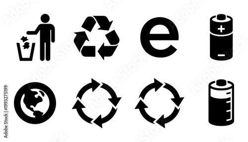 Recycling icons set with 8 black vector symbols, eco-friendly waste management signs, battery and earth planet graphics for environmental sustainability