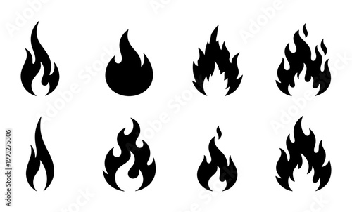 Black fire flame silhouette icons, set of 8 minimalist bonfire and campfire symbols, flat vector blaze elements for logo design and warning signs