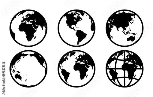 Minimalist world globe icons set, black and white earth map silhouettes, collection of 6 vector globes showing different continents and meridians