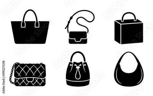 Fashion handbag icons set, black silhouette women purse collection, 6 vector lady bag illustrations, luxury leather accessories for retail and shopping