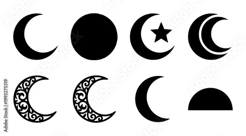 Foto Celestial moon phases vector set, black crescent moon icons with stars and flora