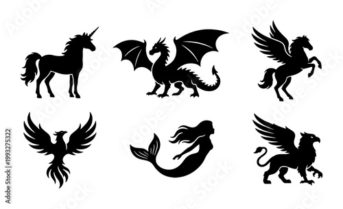 Mythical creatures silhouette collection, 6 fantasy animal icons including dragon and unicorn, black folklore monster vector set for logos