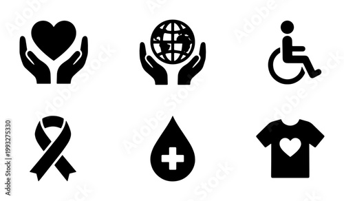 Charity and donation icon set, black solid vector symbols for non-profit organizations, humanitarian aid and community support graphic elements
