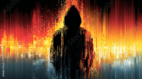 Abstract Silhouette of a Hooded Figure in Digital Matrix with Fiery Background for Cybersecurity Concepts