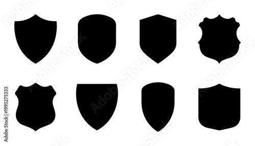 Heraldic shield silhouettes set, 8 black vector crest shapes for logo design, medieval security and protection icons on white background