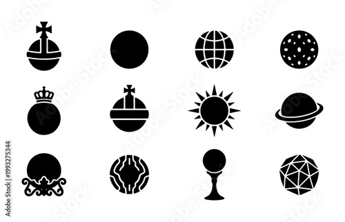 Minimalist celestial and royal sphere icons, set of 12 black vector symbols, astronomical planets and sovereign globes for graphic design