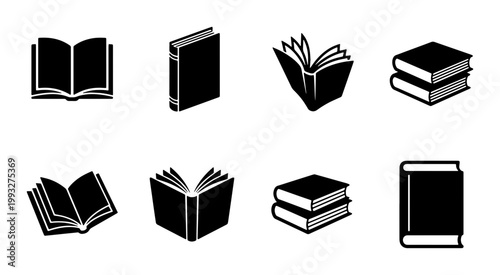 Minimalist book icon set with 8 black vector elements, open and closed textbook symbols, academic literature and library silhouettes for education