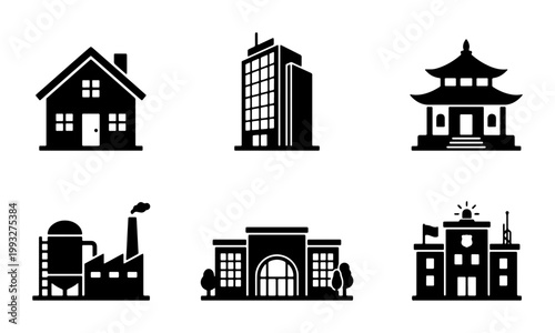 Black building icons set, 6 architectural vector silhouettes, diverse real estate and industrial construction symbols for urban planning and maps