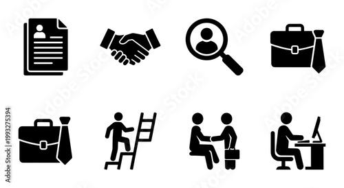 Business recruitment and employment icons set, black solid human resources vector symbols, career growth and hiring process collection