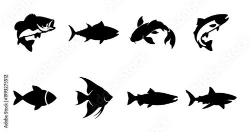Black fish silhouette collection, set of 8 aquatic animal icons including shark and tuna, minimalist sea life vector illustrations for fishing logos