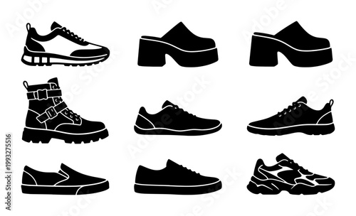 Black footwear silhouette icons set, modern shoe collection vector, casual sneakers and fashion boots illustrations, 9 footwear styles for retail