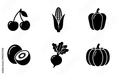 Minimalist fruit and vegetable icons set, black solid silhouette food symbols, 6 organic produce vector elements for grocery and menu design