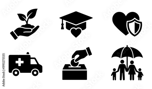 Charity and social responsibility icon set, 6 black solid vector symbols for non-profit organizations, community support and donation concepts