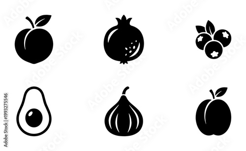 Minimalist fruit icon set, black solid vector silhouettes of peach pomegranate blueberry avocado fig and plum, organic food symbols for grocery apps