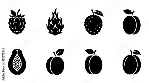 Minimalist fruit icon set, black solid vector silhouettes of tropical and garden fruits, 8 flat graphic elements for food packaging and menu design