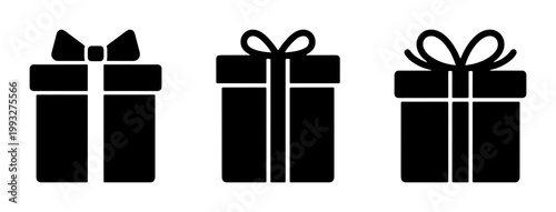 Minimalist gift box icon set, black silhouette present symbols with ribbons, flat vector collection for holiday shopping and celebration marketing