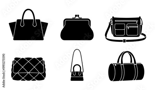 Fashion handbag silhouette icons, set of 6 black female purse and bag vector illustrations, modern lady accessory and luggage symbols for retail
