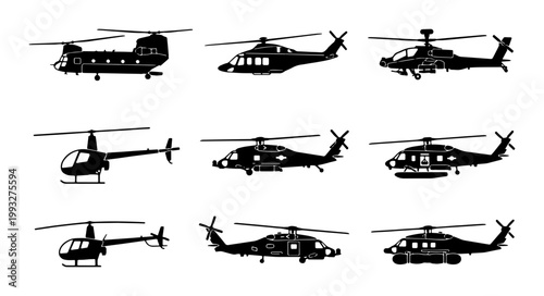 Military helicopter silhouettes set, 9 black aircraft vector icons, collection of transport and attack choppers for aviation infographics and design