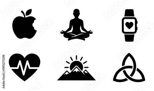 Minimalist wellness icon set, black silhouette health and fitness symbols, 6 vector elements for yoga and meditation apps, lifestyle and nutrition graphics