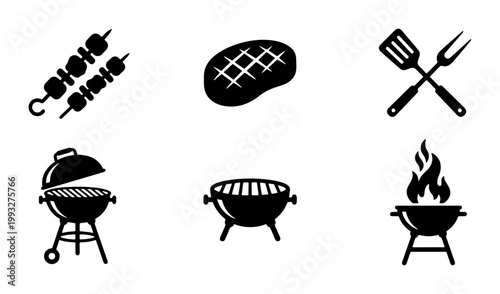 Barbecue grill black icons set, BBQ equipment and grilled meat vector illustrations, charcoal grill and shish kebab symbols for restaurant menus