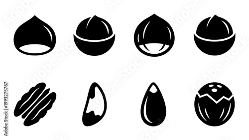 Minimalist nut icon set with 8 black vector symbols, organic hazelnut and macadamia nut silhouettes, healthy snack food elements for packaging design