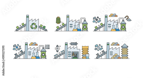 Material processing and waste recycling plant icons set, industrial mineral treatment and raw material recovery icons