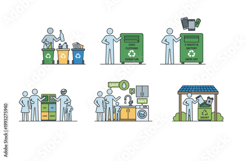 People recycling and segregating waste icons set, consumer eco-friendly behavior, electronic waste and clothing donation concepts