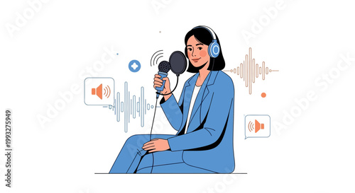 Woman recording podcast with headphones and microphone, sound waves, audio recording