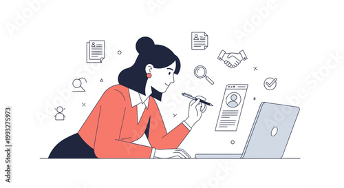 Woman Recruiter Analyzing Resumes on Laptop for Hiring Process