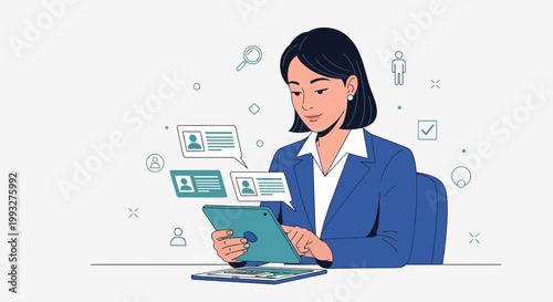 Woman Recruiter Using Tablet for Candidate Search and HR Management