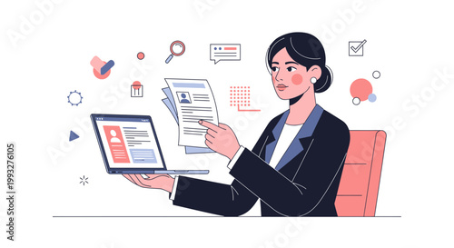 Woman reviewing resume and laptop, recruitment and HR concept